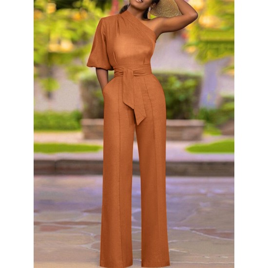 High Waist Solid Pocket Asymmetrical One Shoulder Jumpsuit High Waist Solid Pocket Asymmetrical One Shoulder Jumpsuit