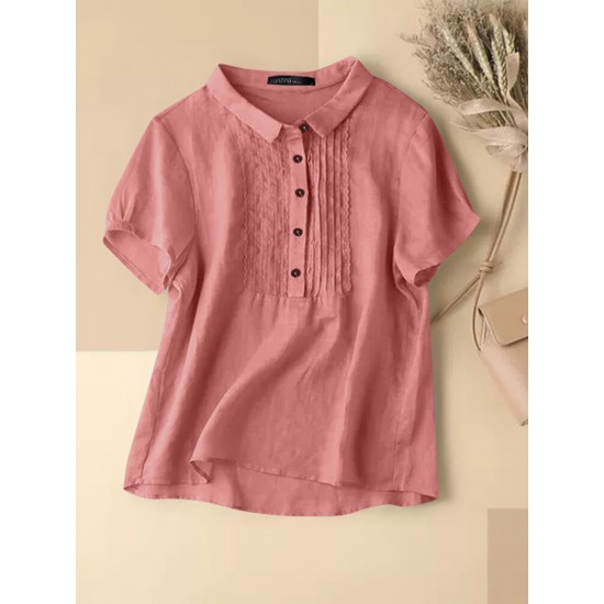 Solid Patchwork Button Lapel Short Sleeve Casual Blouse Solid Patchwork Button Lapel Short Sleeve Casual Blouse