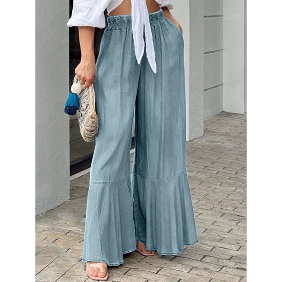 Leisure Solid Ruffle Wide Leg Pocket Pants Leisure Solid Ruffle Wide Leg Pocket Pants