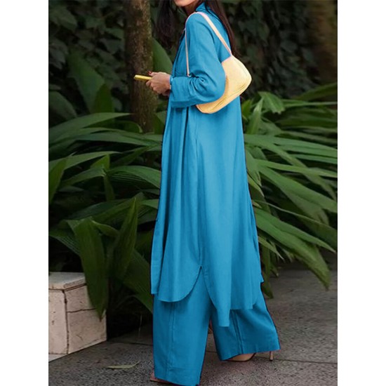 Solid Pocket Button Lapel Long Sleeve Two Pieces Set Women Solid Pocket Button Lapel Long Sleeve Two Pieces Set Women