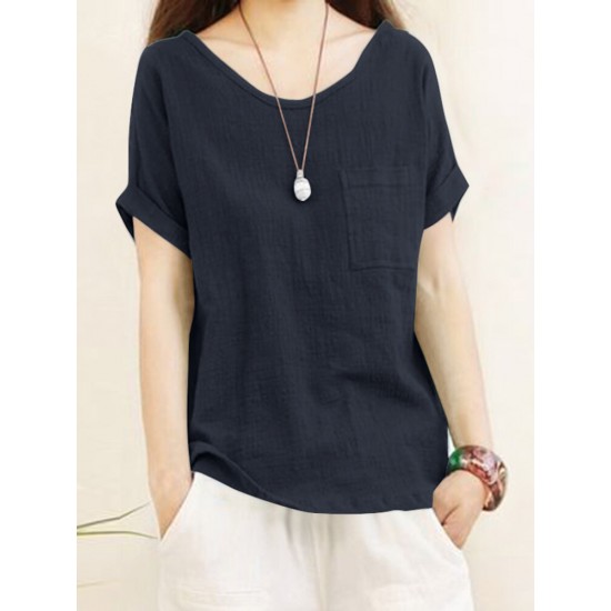 Solid Pocket Roll Short Sleeve Round Neck Casual Blouse Solid Pocket Roll Short Sleeve Round Neck Casual Blouse