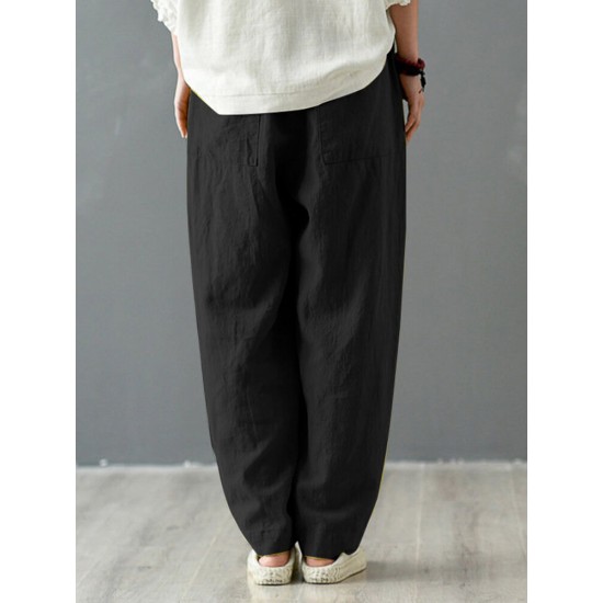 Solid Cotton Pocket Elastic Waist Casual Loose Pants Solid Cotton Pocket Elastic Waist Casual Loose Pants