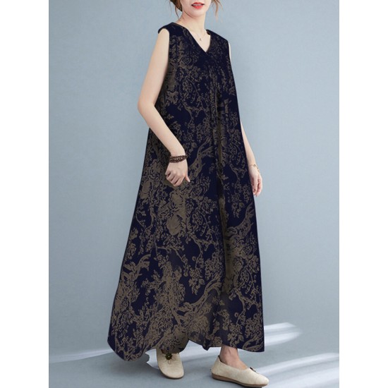 Plant Print Ruched Sleeveless Casual Maxi Cotton Dress Plant Print Ruched Sleeveless Casual Maxi Cotton Dress
