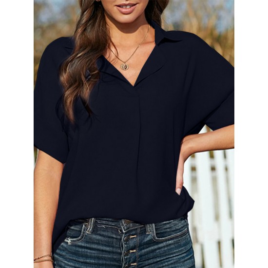 Solid Lapel Half Sleeve Casual Blouse Solid Lapel Half Sleeve Casual Blouse
