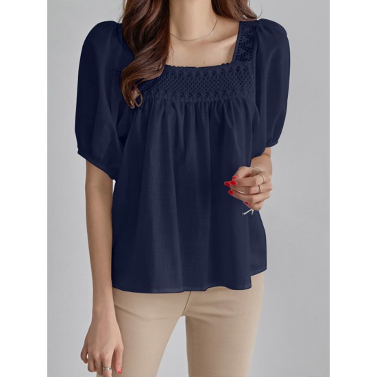 Solid Lace Patchwork Square Collar Short Sleeve Casual Cotton Blouse Solid Lace Patchwork Square Collar Short Sleeve Casual Cotton Blouse