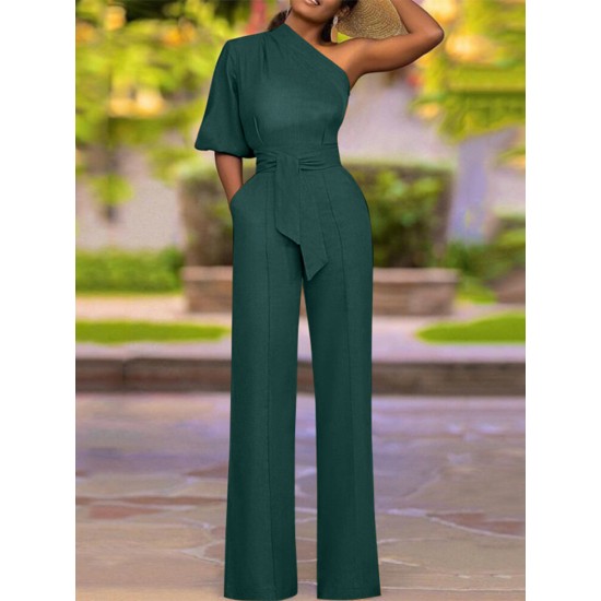High Waist Solid Pocket Asymmetrical One Shoulder Jumpsuit High Waist Solid Pocket Asymmetrical One Shoulder Jumpsuit