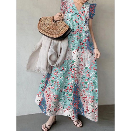 Leisure Calico Ruffle V Neck Maxi Dress Leisure Calico Ruffle V Neck Maxi Dress