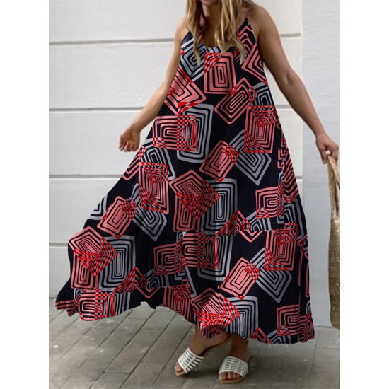 Geometry Print Backless Sleeveless V Neck Spaghetti Maxi Dress Geometry Print Backless Sleeveless V Neck Spaghetti Maxi Dress
