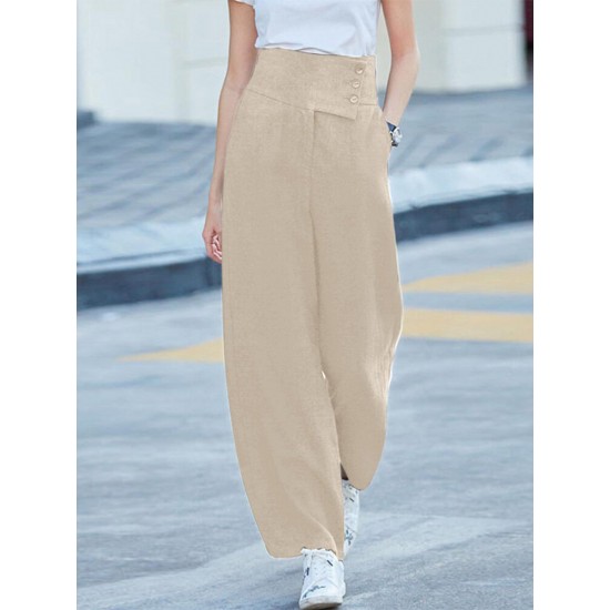 Solid Pocket Button Wide Leg High Waist Casual Pants Solid Pocket Button Wide Leg High Waist Casual Pants