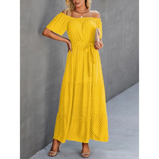 Dot Print Off Shoulder Short Sleeve Dress With Belt Dot Print Off Shoulder Short Sleeve Dress With Belt