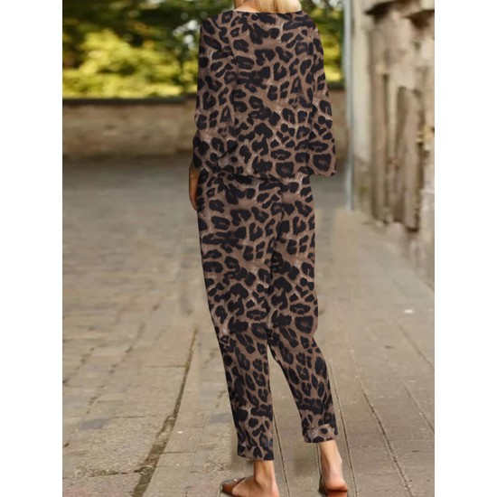 Leopard Print Pocket Tie Long Sleeve Elastic Waist Two Pieces Set Leopard Print Pocket Tie Long Sleeve Elastic Waist Two Pieces Set