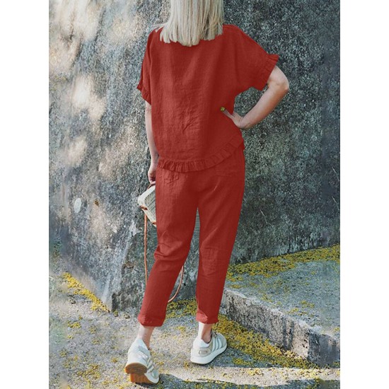 Solid Ruffle Pocket Half Sleeve Round Neck Suit Solid Ruffle Pocket Half Sleeve Round Neck Suit