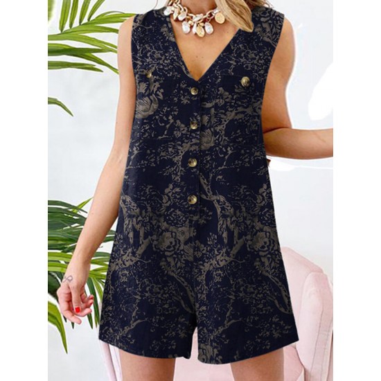 Plants Print Pocket Button Front Sleeveless V neck Romper Plants Print Pocket Button Front Sleeveless V neck Romper