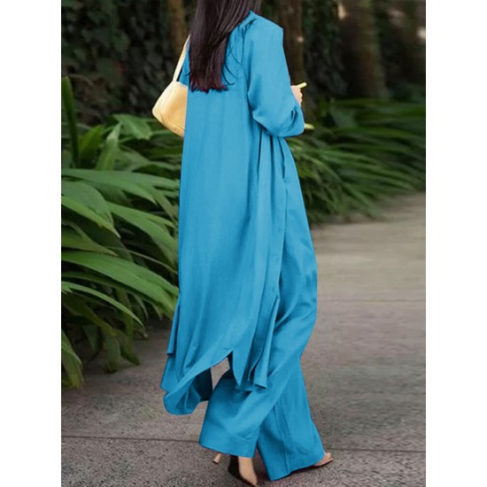 Solid Pocket Button Lapel Long Sleeve Two Pieces Set Women Solid Pocket Button Lapel Long Sleeve Two Pieces Set Women