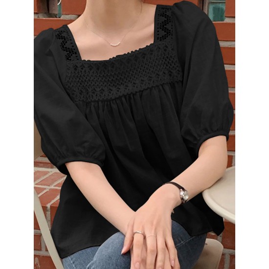 Solid Lace Patchwork Square Collar Short Sleeve Casual Cotton Blouse Solid Lace Patchwork Square Collar Short Sleeve Casual Cotton Blouse