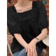 Solid Lace Patchwork Square Collar Short Sleeve Casual Cotton Blouse Solid Lace Patchwork Square Collar Short Sleeve Casual Cotton Blouse