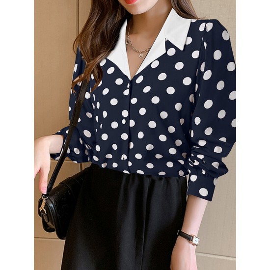 Polka Dot Contrast Color Lapel Button Long Sleeve Casual Shirt Polka Dot Contrast Color Lapel Button Long Sleeve Casual Shirt