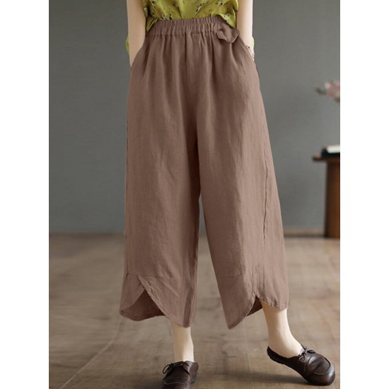 Solid Asymmetrical Hem Pocket Wide Leg Crop Pants Solid Asymmetrical Hem Pocket Wide Leg Crop Pants
