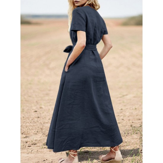 Solid Pocket Sash Short Sleeve Cotton Casual Maxi Dress Solid Pocket Sash Short Sleeve Cotton Casual Maxi Dress