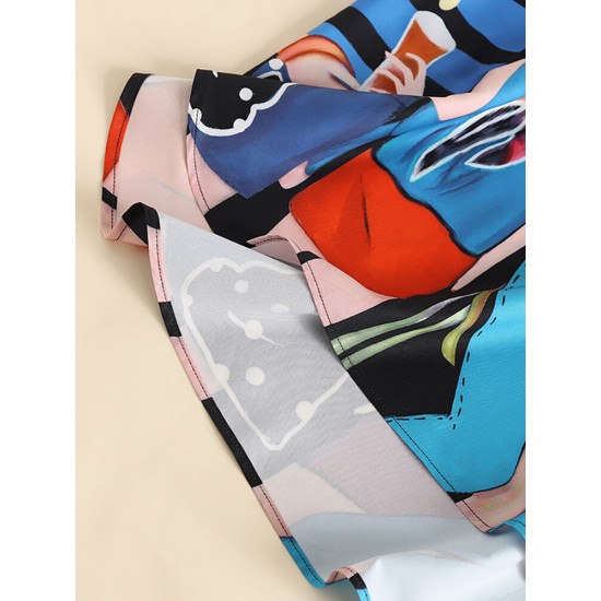Cartoon Girls Graphic Pocket Short Sleeve Button Dress Cartoon Girls Graphic Pocket Short Sleeve Button Dress