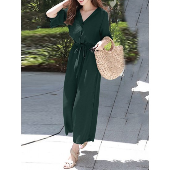 Solid Belt Pocket Button Ruffle Sleeve V neck Jumpsuit Solid Belt Pocket Button Ruffle Sleeve V neck Jumpsuit