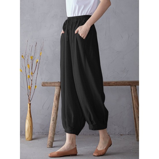 Solid Elastic Waist Drawstring Pocket Cotton Casual Pants Solid Elastic Waist Drawstring Pocket Cotton Casual Pants