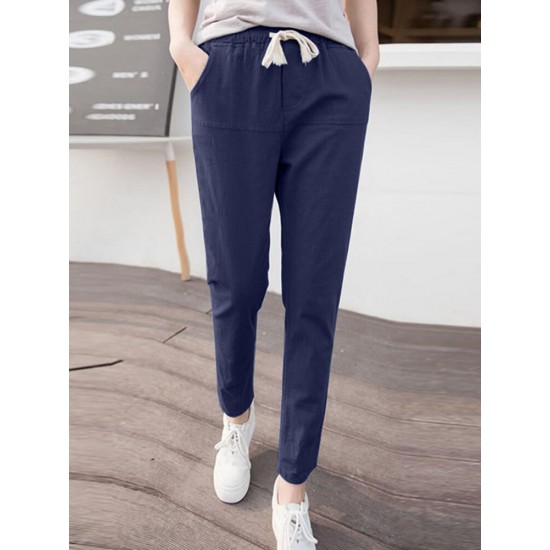 Solid Pocket Drawstring Elastic Waist Casual Tapered Pants Solid Pocket Drawstring Elastic Waist Casual Tapered Pants