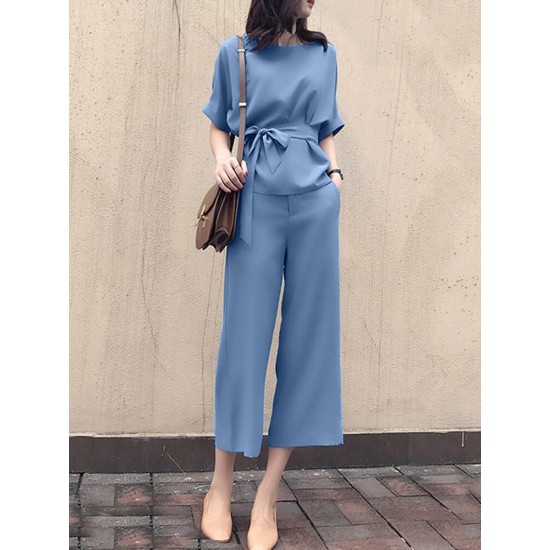 Solid Belt Pocket Rolled Sleeve Wide Leg Two Pieces Suit Solid Belt Pocket Rolled Sleeve Wide Leg Two Pieces Suit