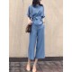 Solid Belt Pocket Rolled Sleeve Wide Leg Two Pieces Suit Solid Belt Pocket Rolled Sleeve Wide Leg Two Pieces Suit