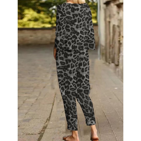 Leopard Print Pocket Tie Long Sleeve Elastic Waist Two Pieces Set Leopard Print Pocket Tie Long Sleeve Elastic Waist Two Pieces Set