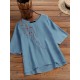 Plants Embroidered Round Neck Half Sleeve Casual Blouse Plants Embroidered Round Neck Half Sleeve Casual Blouse