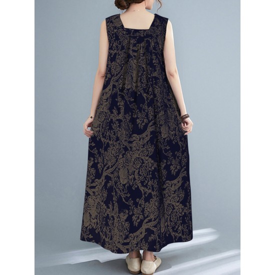 Plant Print Ruched Sleeveless Casual Maxi Cotton Dress Plant Print Ruched Sleeveless Casual Maxi Cotton Dress
