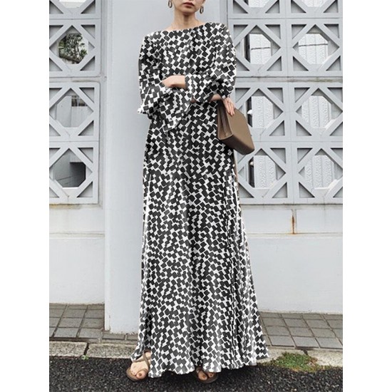 Geo Print Long Sleeve Slit Side Crew Neck Maxi Dress Geo Print Long Sleeve Slit Side Crew Neck Maxi Dress
