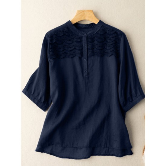 Solid Patchwork Split Stand Collar Casual Blouse Solid Patchwork Split Stand Collar Casual Blouse