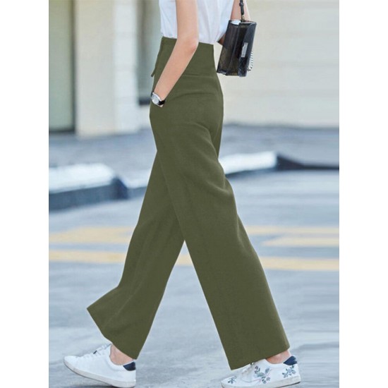 Solid Pocket Button Wide Leg High Waist Casual Pants Solid Pocket Button Wide Leg High Waist Casual Pants