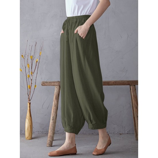 Solid Elastic Waist Drawstring Pocket Cotton Casual Pants Solid Elastic Waist Drawstring Pocket Cotton Casual Pants