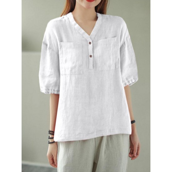 Solid Button Pocket V Neck Half Sleeve Casual Cotton Blouse Solid Button Pocket V Neck Half Sleeve Casual Cotton Blouse