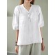 Solid Button Pocket V Neck Half Sleeve Casual Cotton Blouse Solid Button Pocket V Neck Half Sleeve Casual Cotton Blouse