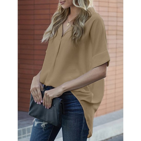 Solid Lapel Half Sleeve Casual Blouse Solid Lapel Half Sleeve Casual Blouse
