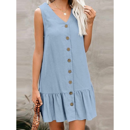 Cotton Solid Button Ruffle Sleeveless V Neck Casual Dress Cotton Solid Button Ruffle Sleeveless V Neck Casual Dress