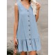 Cotton Solid Button Ruffle Sleeveless V Neck Casual Dress Cotton Solid Button Ruffle Sleeveless V Neck Casual Dress