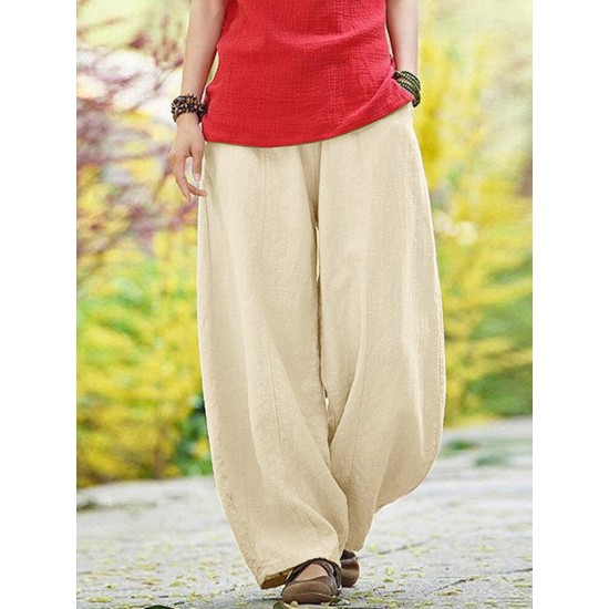 Solid Pocket Elastic Waist Cotton Casual Pants Solid Pocket Elastic Waist Cotton Casual Pants