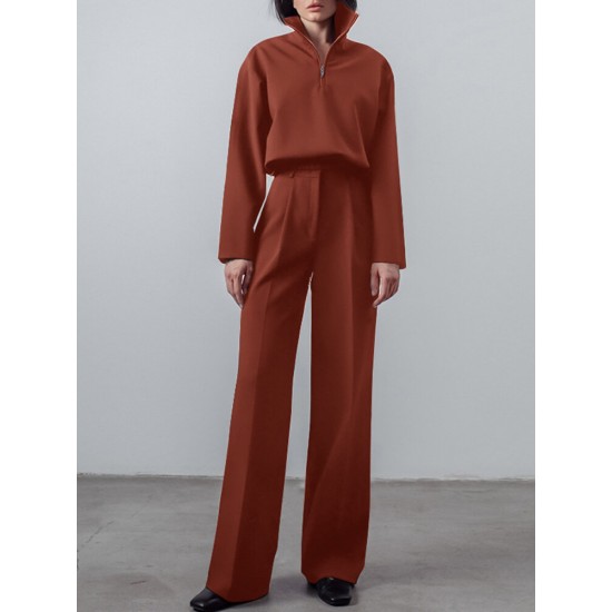 Solid Zip Front Hasp Long Sleeve Lapel Two Pieces Set Solid Zip Front Hasp Long Sleeve Lapel Two Pieces Set