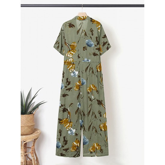 Floral Print Button Pocket Short Sleeve Wide Leg Jumpsuit Floral Print Button Pocket Short Sleeve Wide Leg Jumpsuit