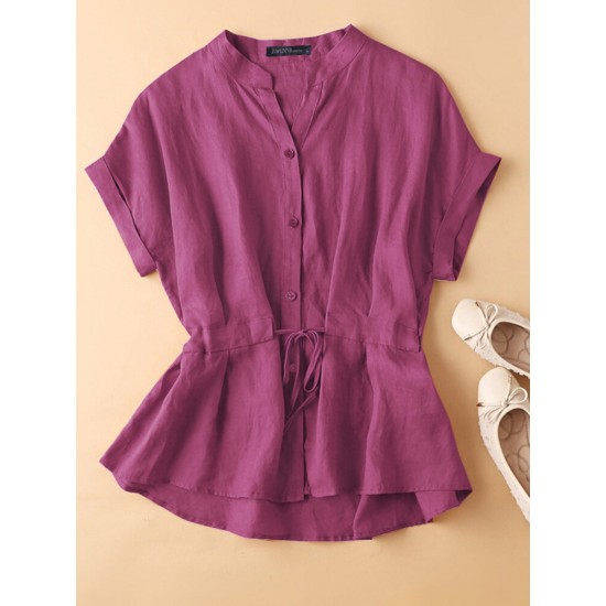 Solid Button Drawstring V Neck Roll Sleeve Casual Cotton Blouse Solid Button Drawstring V Neck Roll Sleeve Casual Cotton Blouse