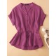 Solid Button Drawstring V Neck Roll Sleeve Casual Cotton Blouse Solid Button Drawstring V Neck Roll Sleeve Casual Cotton Blouse