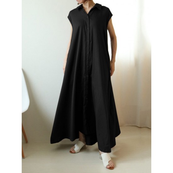 Solid Button Lapel Ruched Short Sleeve Maxi Shirt Dress Solid Button Lapel Ruched Short Sleeve Maxi Shirt Dress