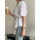 Solid Button Tie Up Lapel Short Sleeve Casual Cotton Blouse Solid Button Tie Up Lapel Short Sleeve Casual Cotton Blouse