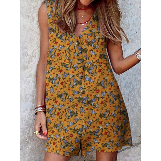 Leisure Calico Button Pocket Sleeveless V Neck Cotton Romper Leisure Calico Button Pocket Sleeveless V Neck Cotton Romper