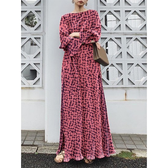 Geo Print Long Sleeve Slit Side Crew Neck Maxi Dress Geo Print Long Sleeve Slit Side Crew Neck Maxi Dress